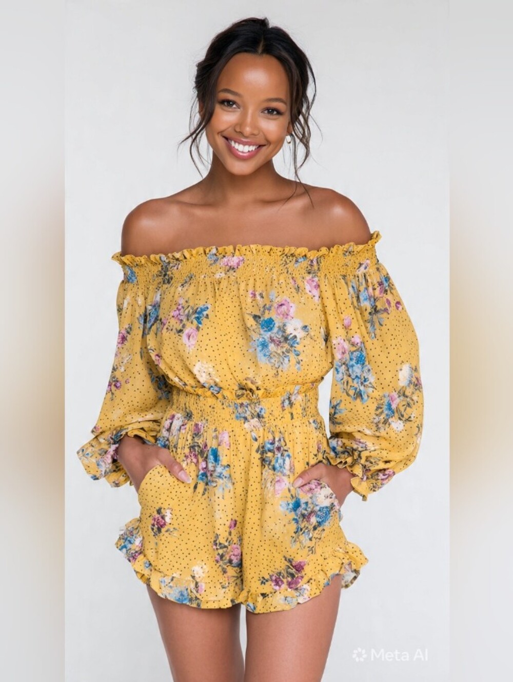 Yellow Floral Off-Shoulder Mini Romper